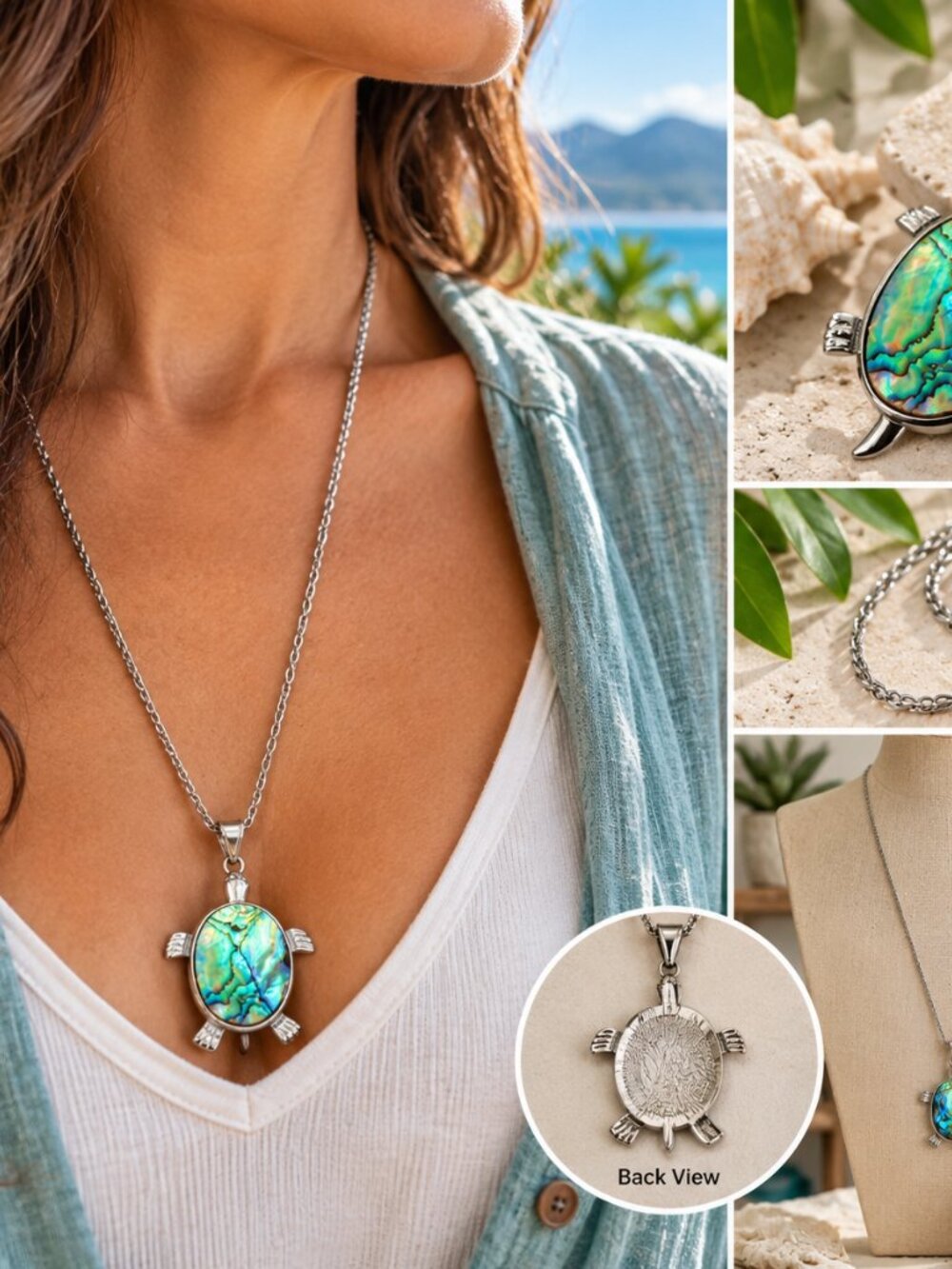 Abalone Shell Turtle Pendant Necklace | Iridescent Blue Green Shell | Ocean-Insp